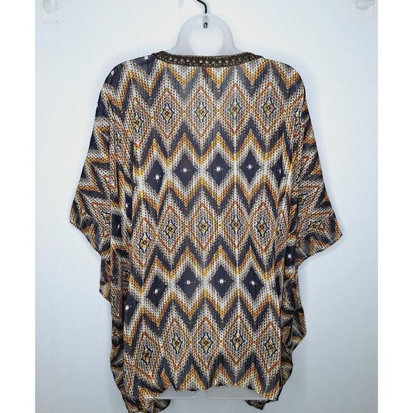 Chico's Diamond Print Poncho Shawl Beaded Sequin Sheer S/M Boho Top Flowy Topper - Picture 11 of 11